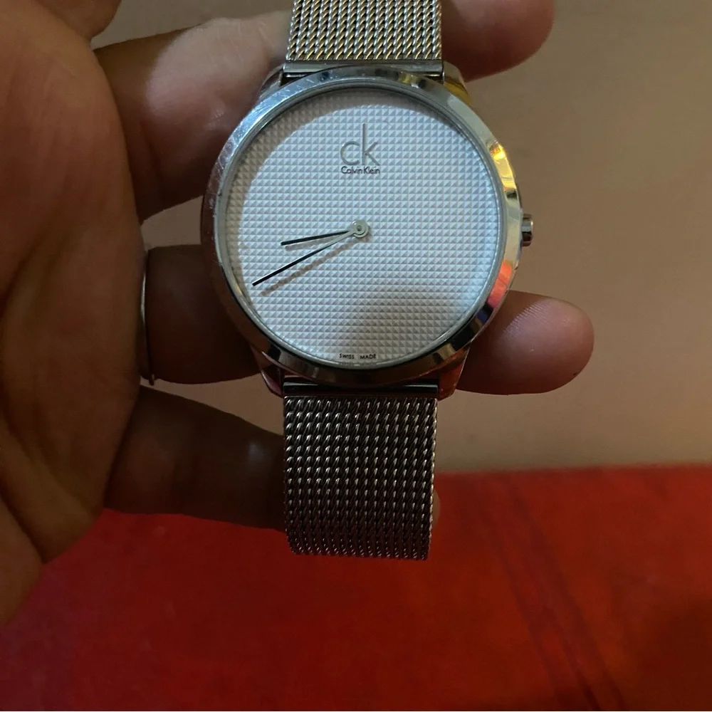 Calvin Klein Men's Silver Mesh Watch with White Textured Dial